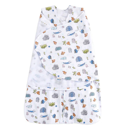 Baby sleeping bag with ocean-themed print on a white background