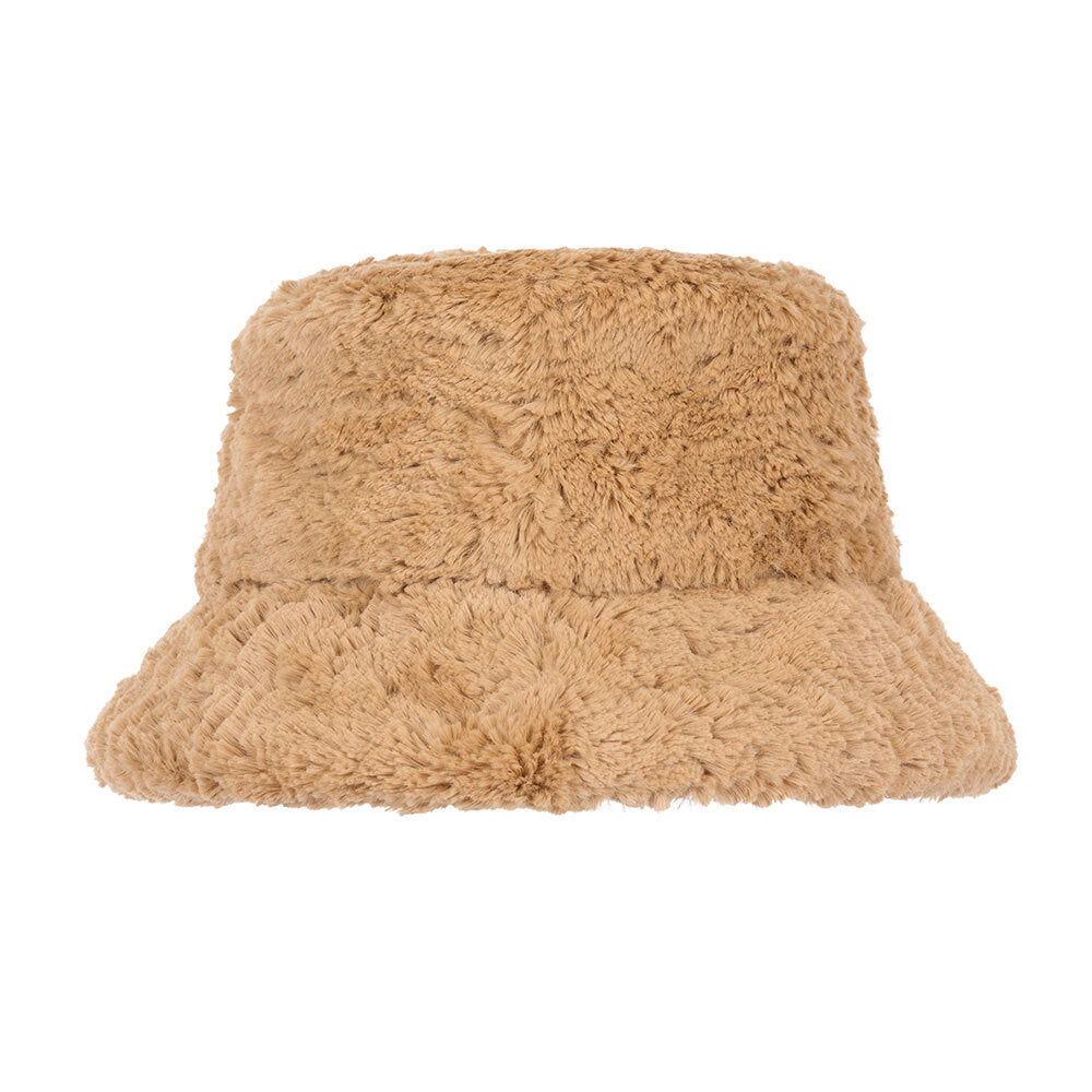 Beige fluffy bucket hat on a white background
