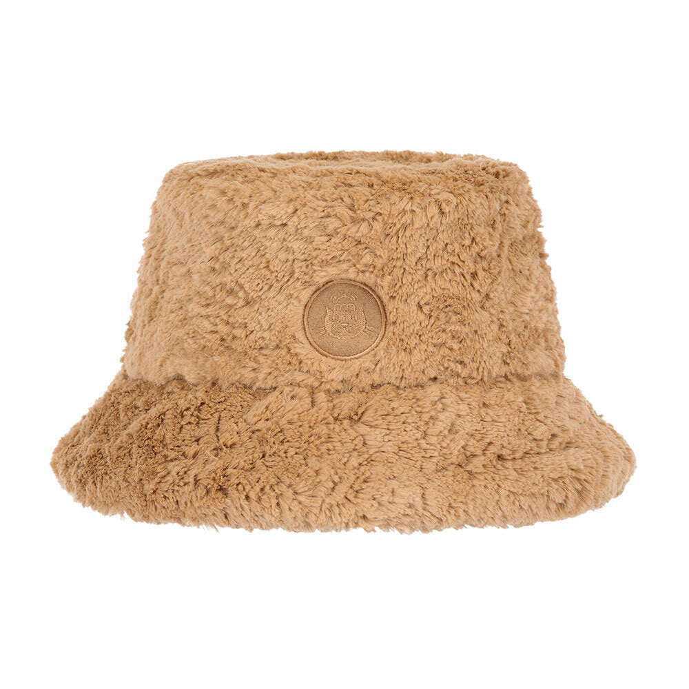 Beige fluffy bucket hat with a brand logo on a white background