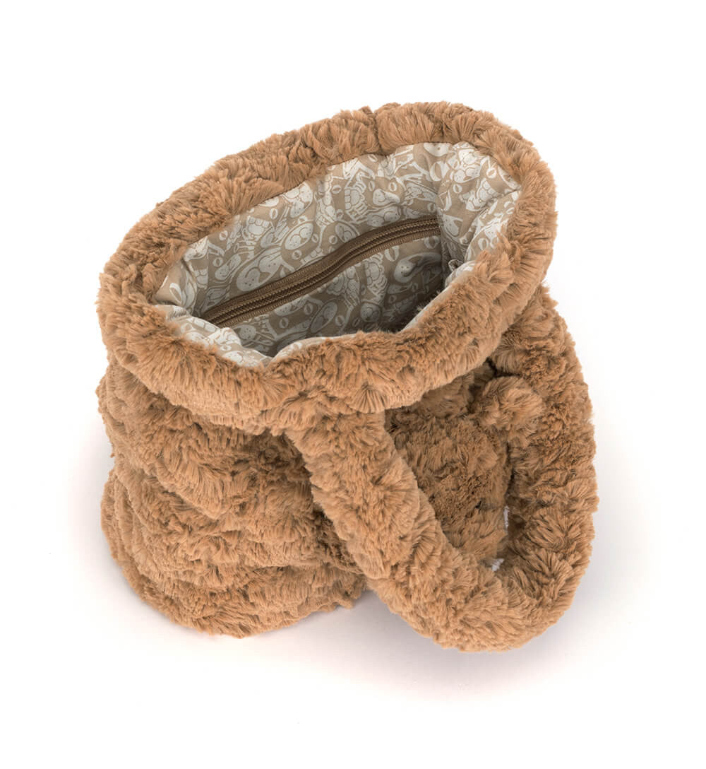 A plush, fuzzy brown slouchy handbag with a patterned lining and a zippered closure, shown on a white background.