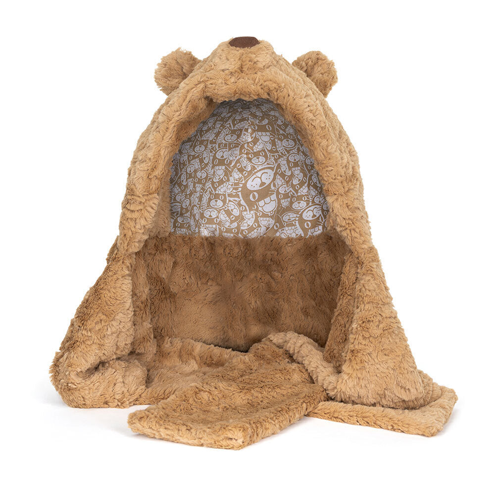 Brown bear-shaped pet bed on a white background
