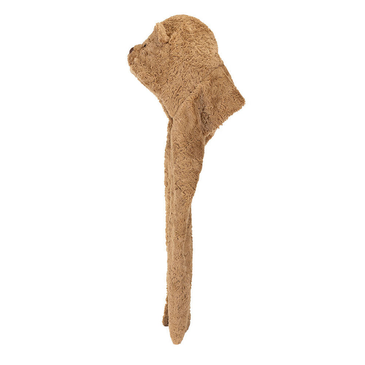 Brown dog toy shaped like a bone on a white background