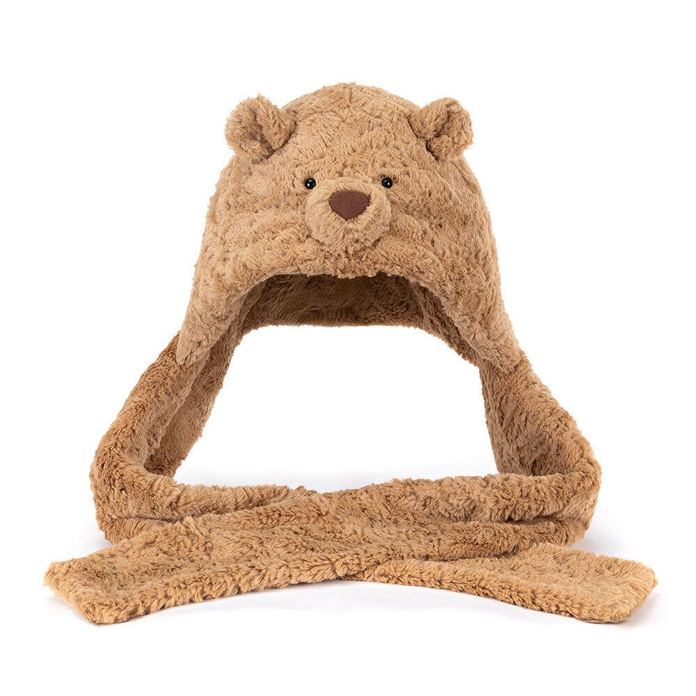 Brown bear-themed hat with ears and scarf on a white background