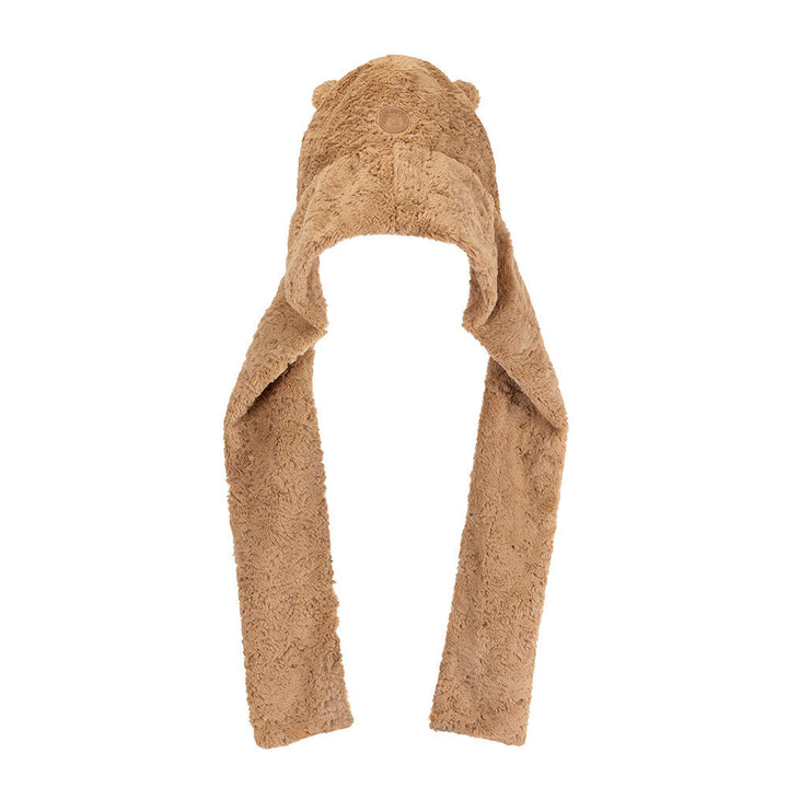 Brown fuzzy scarf with bear ears on a white background