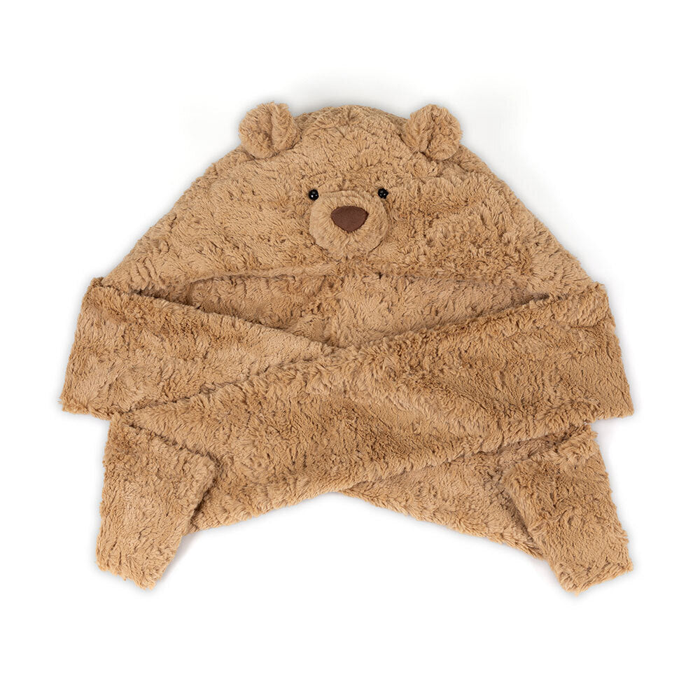 Brown teddy bear-shaped hooded blanket on a white background
