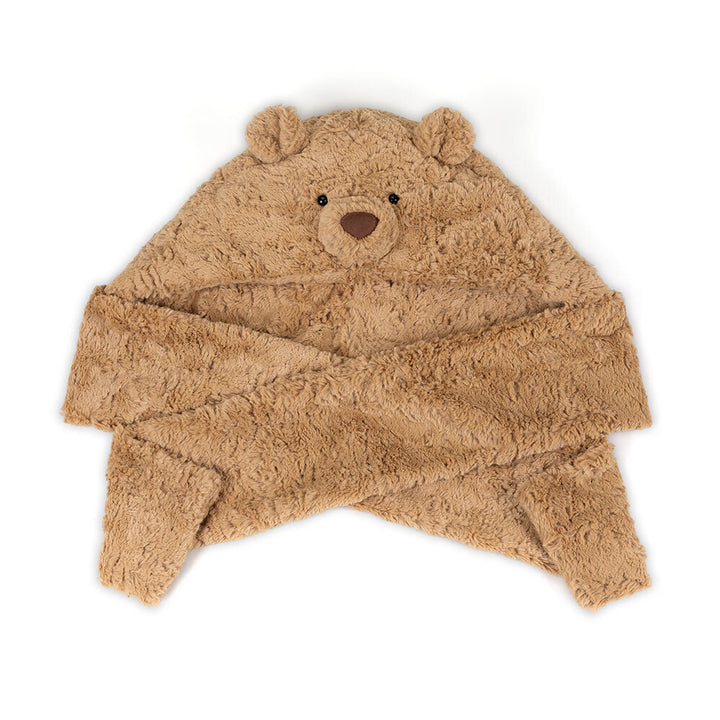 Brown teddy bear-shaped hooded blanket on a white background