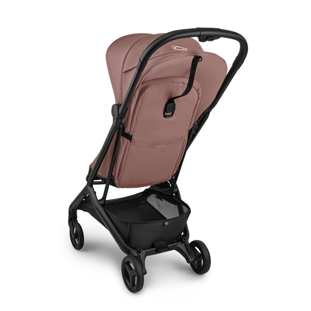 bugaboo-butterfly-2-complete-ultra-compact-travel-stroller Pink baby stroller with black frame on a white background