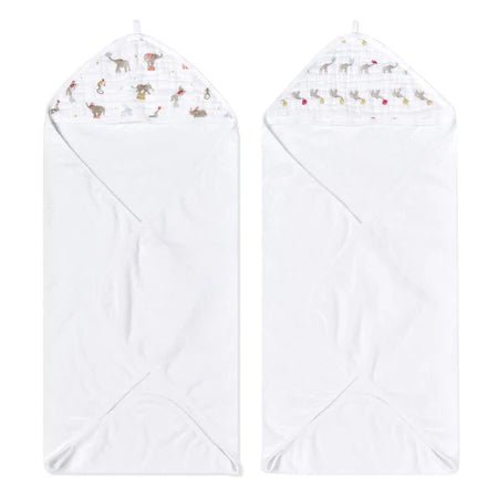 Aden + Anais Essentials Elephant Circus hooded towels 2 pack with animal print hoods on white background