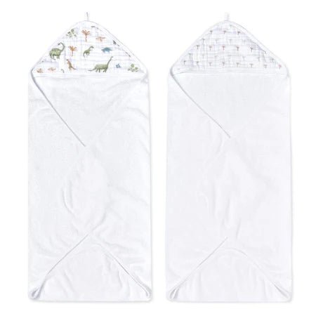 Aden + Anais Essentials Dino Jungle hooded towels 2 pack with dinosaur print hoods on white background