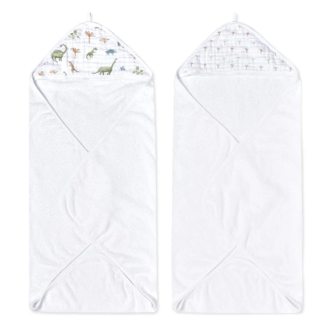 Aden + Anais Essentials cotton muslin hooded towels 2 pack Dino Jungle shown on white background