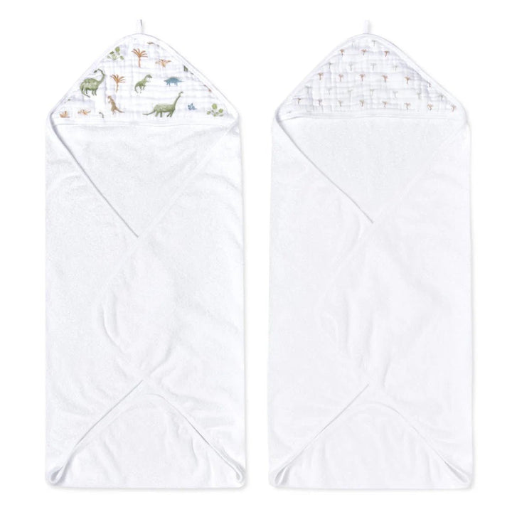 Aden + Anais Essentials cotton muslin hooded towels 2 pack Dino Jungle shown on white background