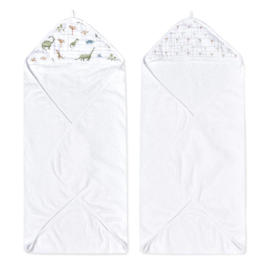 Aden + Anais Essentials cotton muslin hooded towels 2 pack Dino Jungle shown on white background