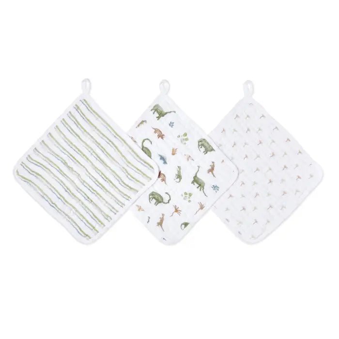 Aden + Anais Essentials Cotton Muslin Washcloths 3 Pack Dino Jungle with dinosaur print washcloths on white