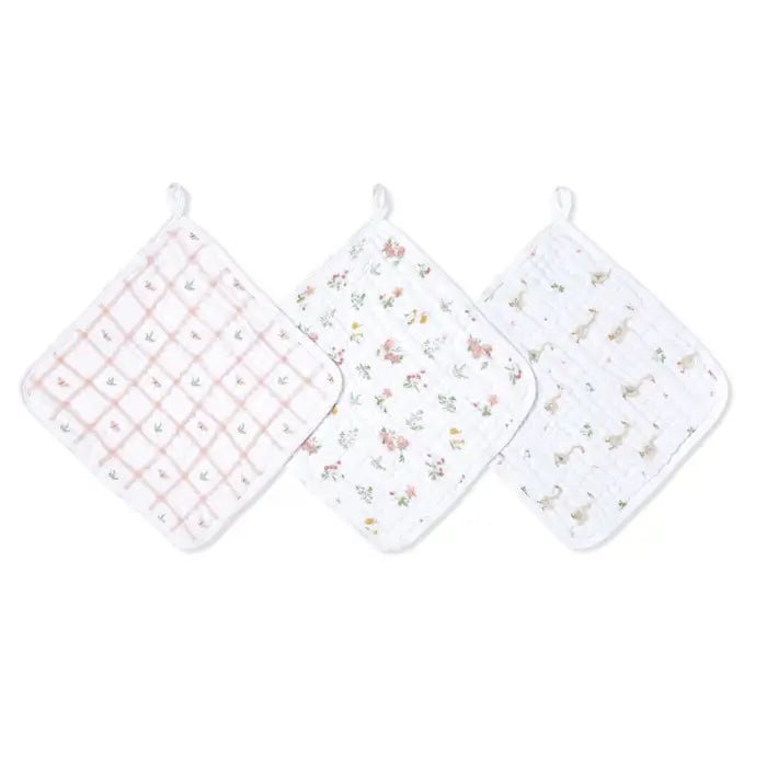 Aden + Anais Essentials Cotton Muslin Washcloths 3 Pack Country Floral with floral baby washcloths on white