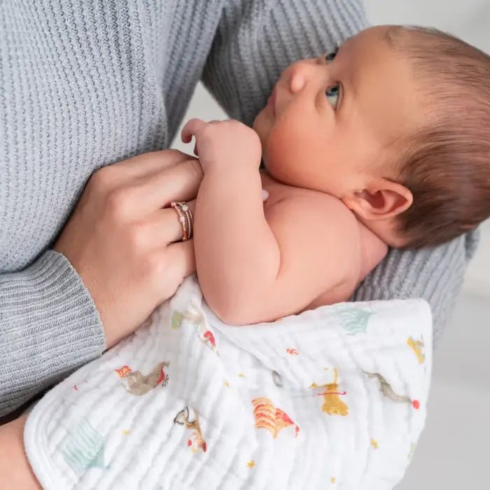 Baby wrapped in Aden + Anais Essentials Elephant Circus cotton muslin swaddle held by an adult indoors