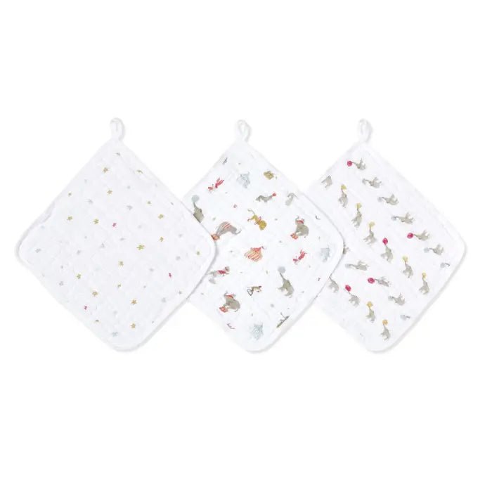 Aden + Anais Essentials Cotton Muslin Washcloths 3 Pack Elephant Circus with animal print washcloths on white
