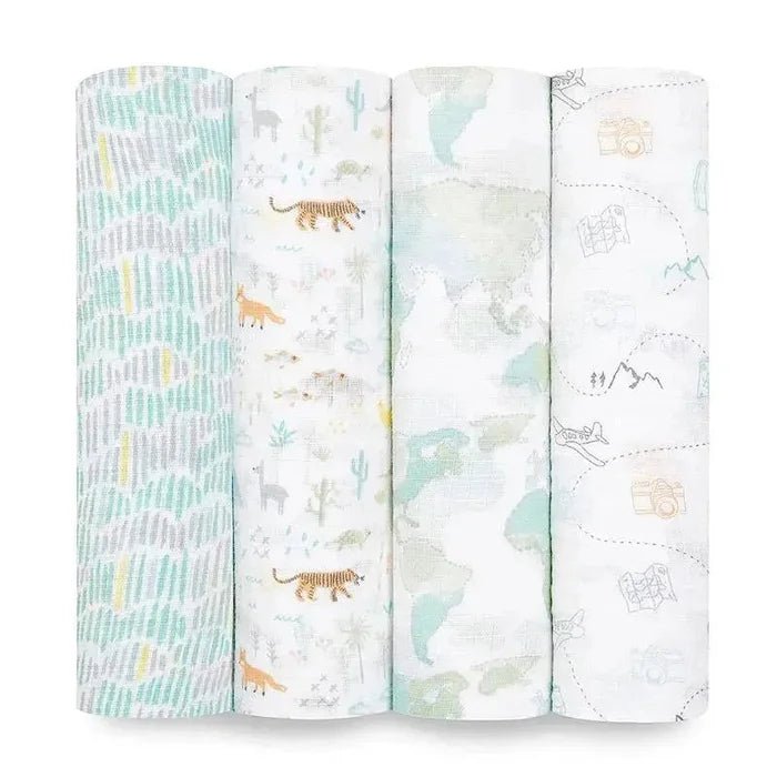Aden + Anais Cotton Muslin Swaddles 4 Pack Voyager with rolled blankets in travel-inspired prints on white background