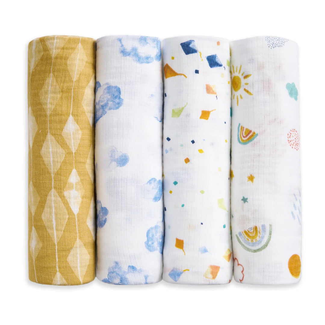 Aden + Anais cotton muslin swaddles 4 pack Kite Parade assorted printed baby blankets on white background