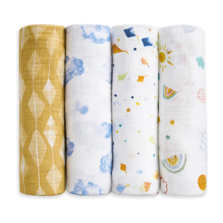 Aden + Anais cotton muslin swaddles 4 pack Kite Parade assorted printed baby blankets on white background