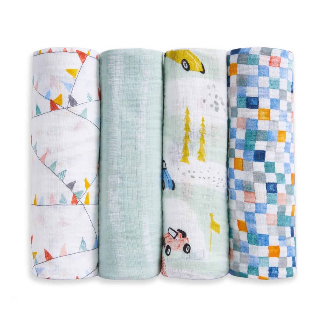 Aden + Anais cotton muslin swaddles 4 pack Vintage Car Rally rolled baby blankets on white background