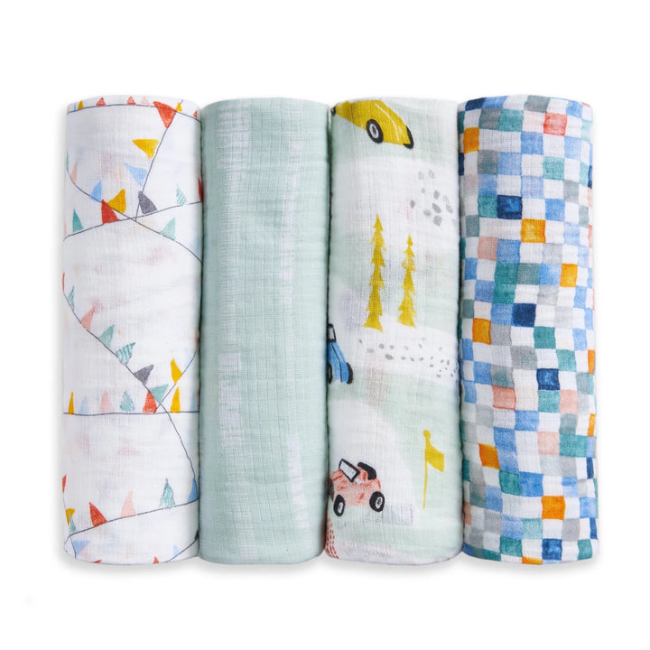 Aden + Anais cotton muslin swaddles 4 pack Vintage Car Rally rolled baby blankets on white background
