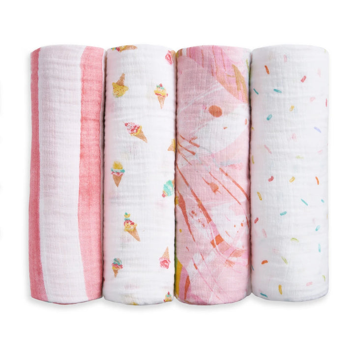 Aden + Anais cotton muslin swaddles 4 pack Ice Cream Dreams rolled baby blankets on white background