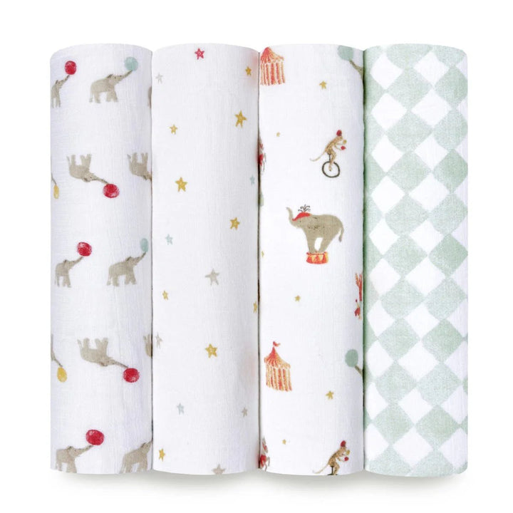 Aden + Anais cotton muslin swaddles 4 pack Elephant Circus assorted baby blankets on white background