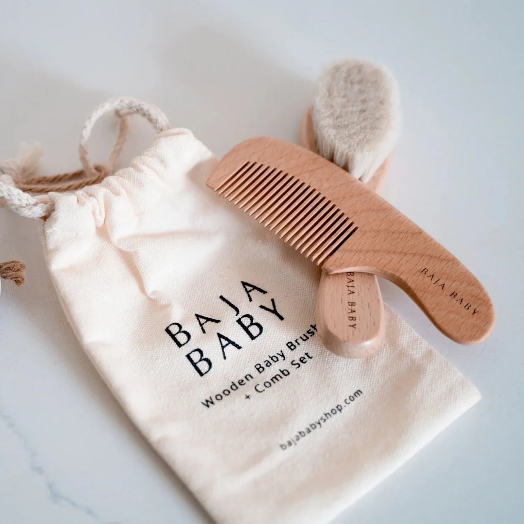 Baby grooming with Baja Baby wooden brush and comb set