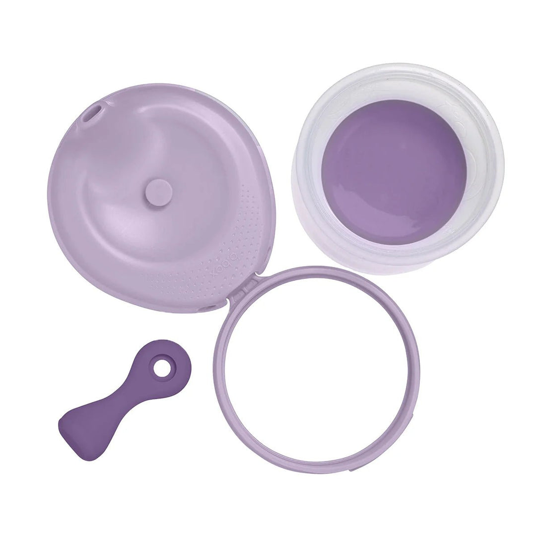 b.box Fill + Feed Storage and Containers Peony -  Purple silicone lid, bowl, spoon, and ring on a white background