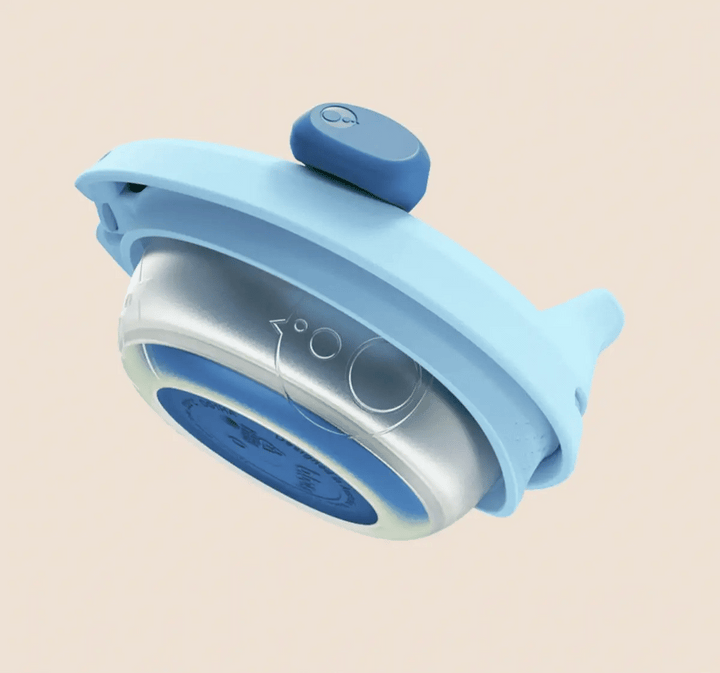 b.box Fill + Feed Storage and Containers Lullaby Blue - Blue and silver handheld shower head on a beige background