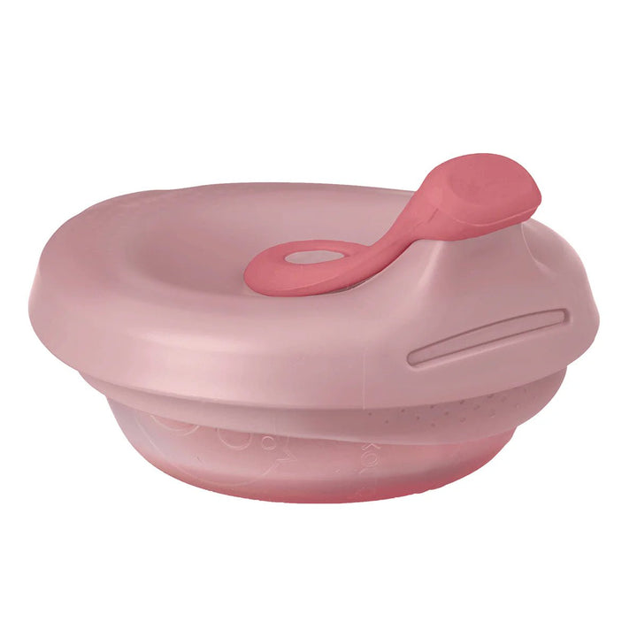 b.box Fill + Feed Storage and Containers Blush -  Pink silicone lid with spoon on a white background