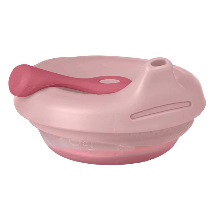b.box Fill + Feed Storage and Containers Blush - Pink baby bowl with spoon on a white background