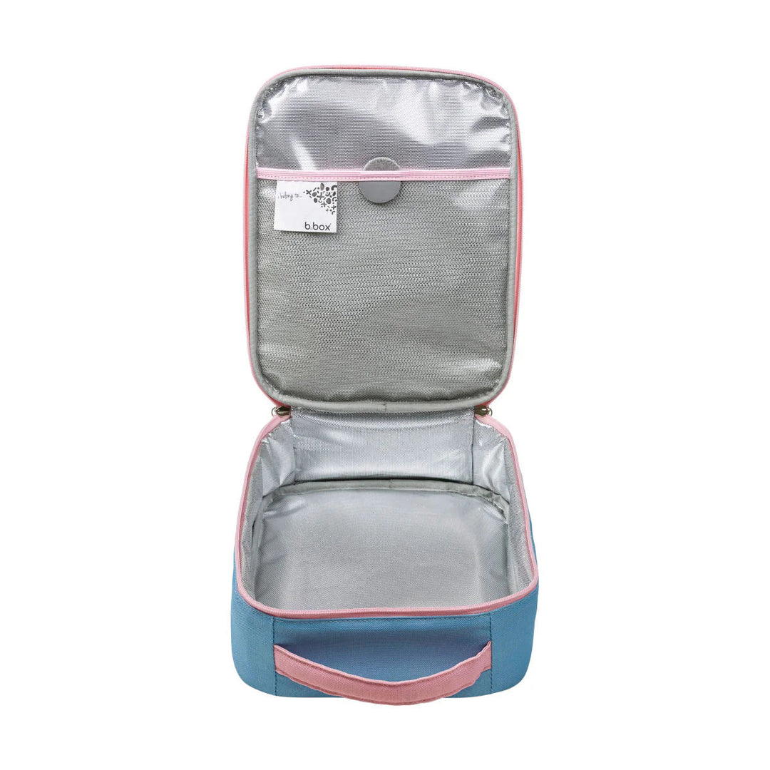 b.box Insulated Flexi Lunchbag Morning Sky - Open travel organizer with blue base and pink trim on a white background