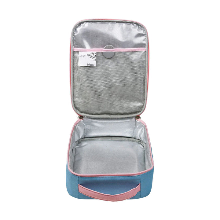b.box Insulated Flexi Lunchbag Morning Sky - Open travel organizer with blue base and pink trim on a white background