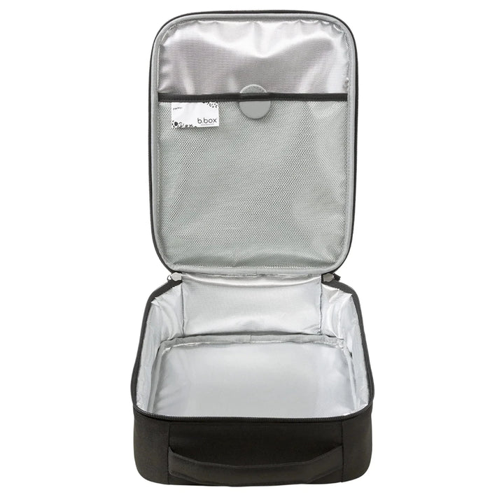 b.box Insulated Flexi Lunchbag Basic Black -  Black and clear travel bag with a visible brand logo on a white background
