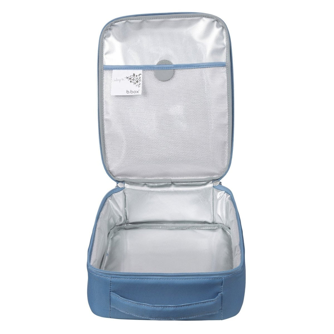 b.box Insulated Flexi Lunchbag Surfs Up -  Blue travel packing cube with clear compartment on a white background
