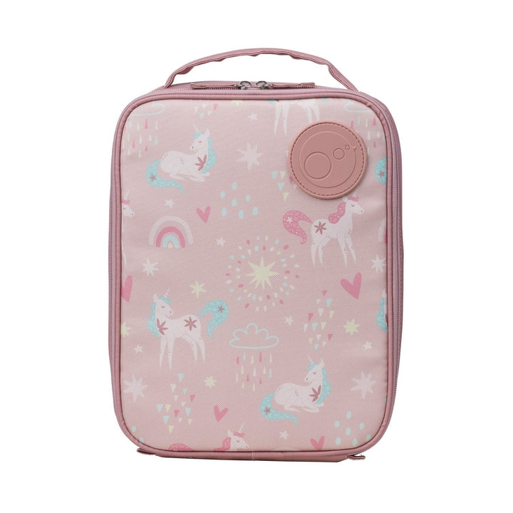 b.box Insulated Flexi Lunchbag Unicorn Dreams - Pink lunch bag with unicorn and rainbow pattern on a white background