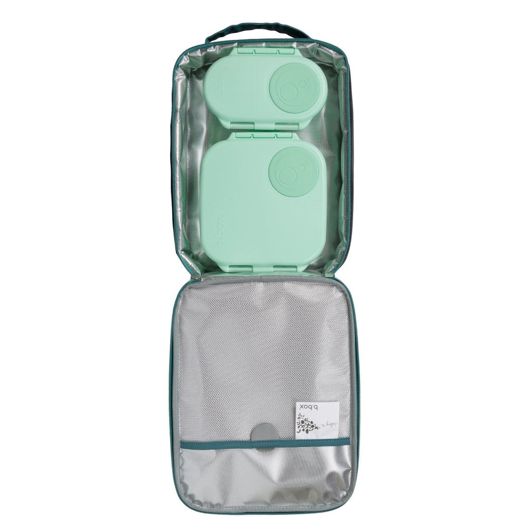 b.box Insulated Flexi Lunchbag MVP -  Clear travel case with green interior holding a green travel mug on a white background
