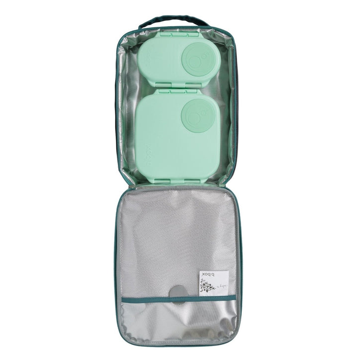 b.box Insulated Flexi Lunchbag MVP -  Clear travel case with green interior holding a green travel mug on a white background