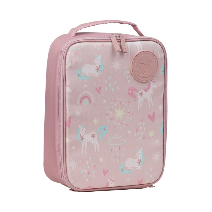 b.box Insulated Flexi Lunchbag Unicorn Dreams - Pink rectangular pouch with unicorn and rainbow pattern on a white background