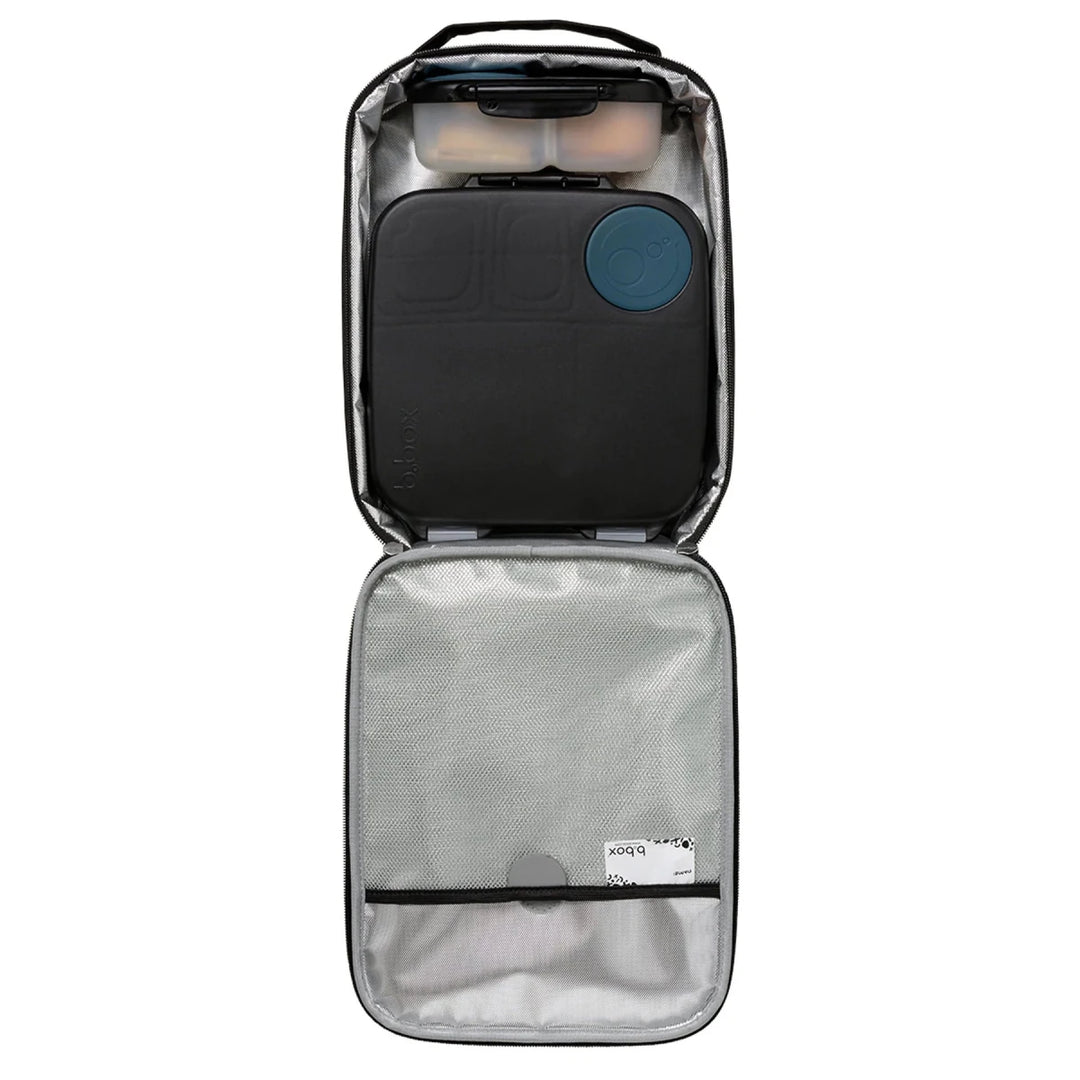 b.box Insulated Flexi Lunchbag Basic Black - Clear travel bag with black interior and blue circular object on white background
