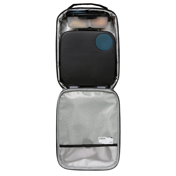 b.box Insulated Flexi Lunchbag Basic Black - Clear travel bag with black interior and blue circular object on white background