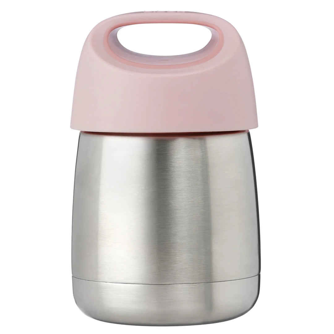 A stainless steel insulated container with a light pink lid featuring a carrying handle, shown against a plain white background.