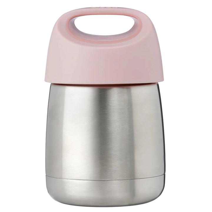 A stainless steel insulated container with a light pink lid featuring a carrying handle, shown against a plain white background.
