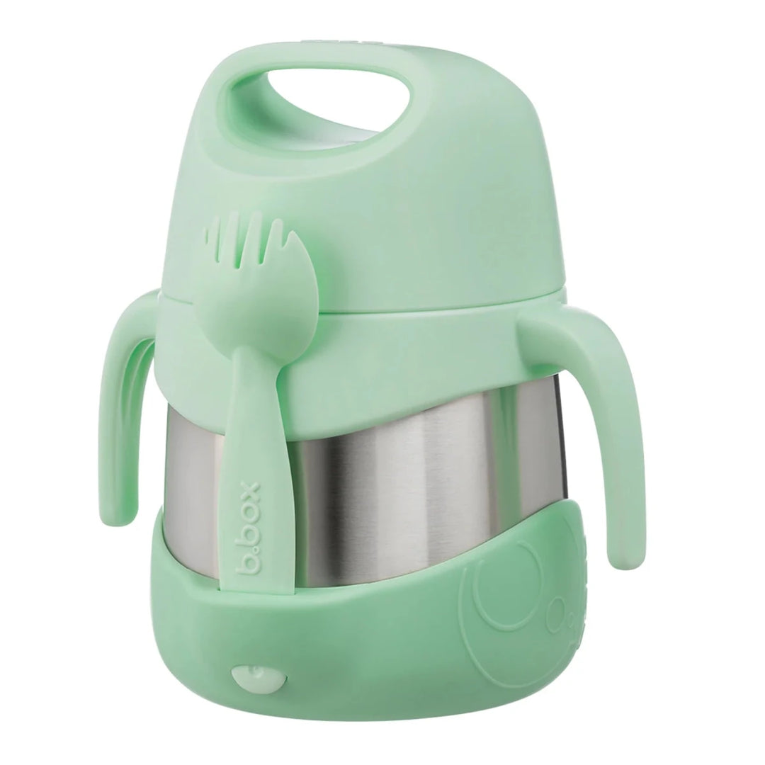 b.box Insulated Food Jar 335ml in Spearmint, shown with the lid off and spoon resting on top.

