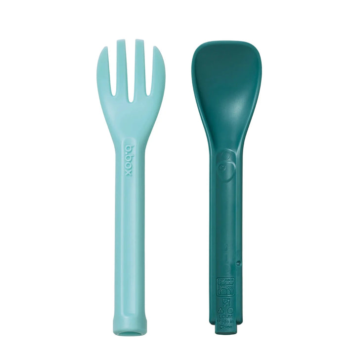 b.box Lunch Cutlery Fork + Spoon Duo 2-pack in Horizon, close-up showing the textured grips and utensil tips.