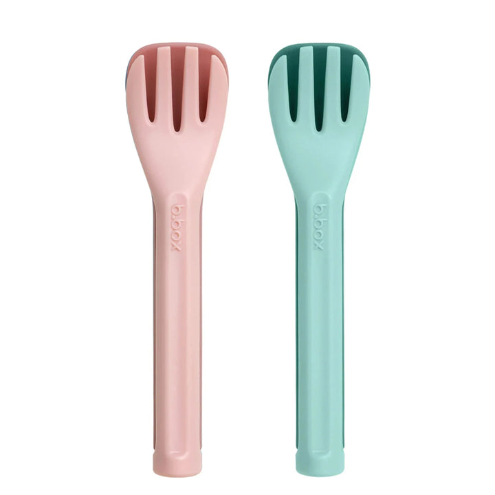 b.box Lunch Cutlery Fork + Spoon Duo 2-pack in Twilight color, featuring a purple and teal design perfect for toddler lunchtime.