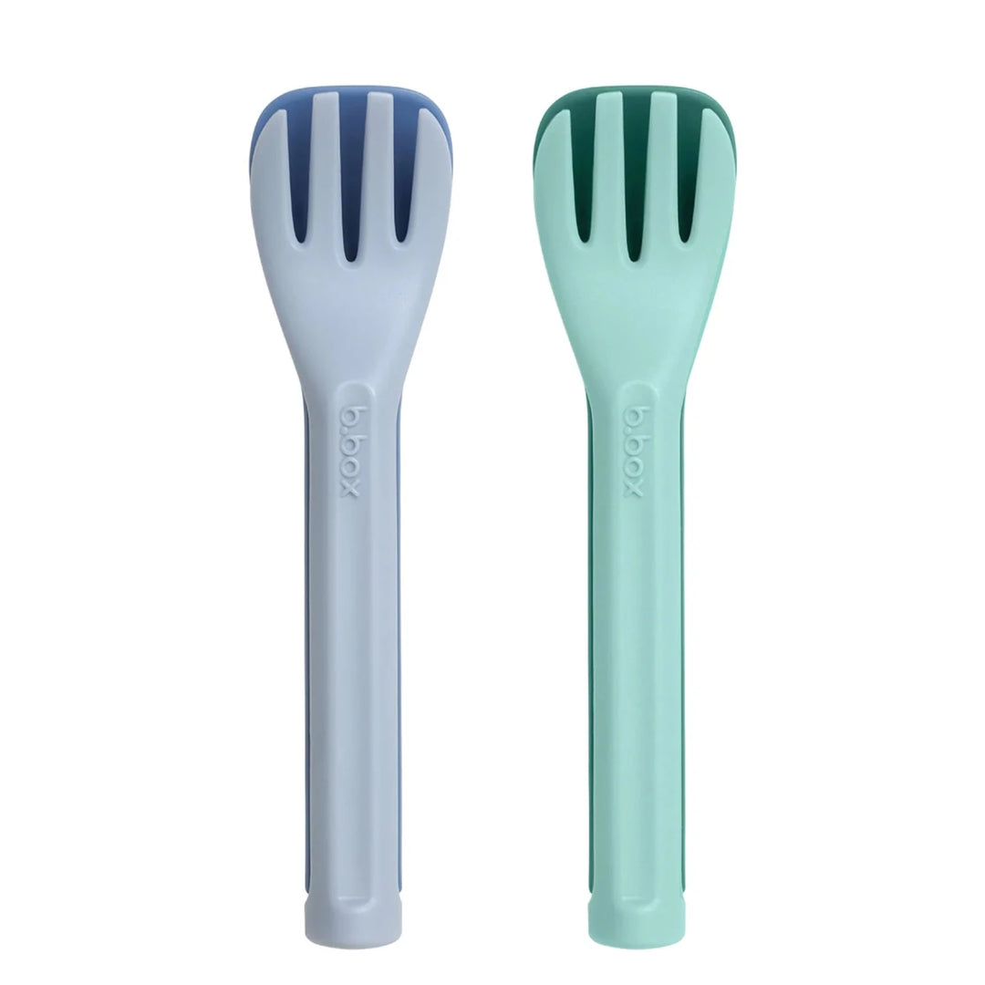 b.box Lunch Cutlery Fork + Spoon Duo 2-pack in Horizon color, showing both utensils with ergonomic toddler-friendly handles.