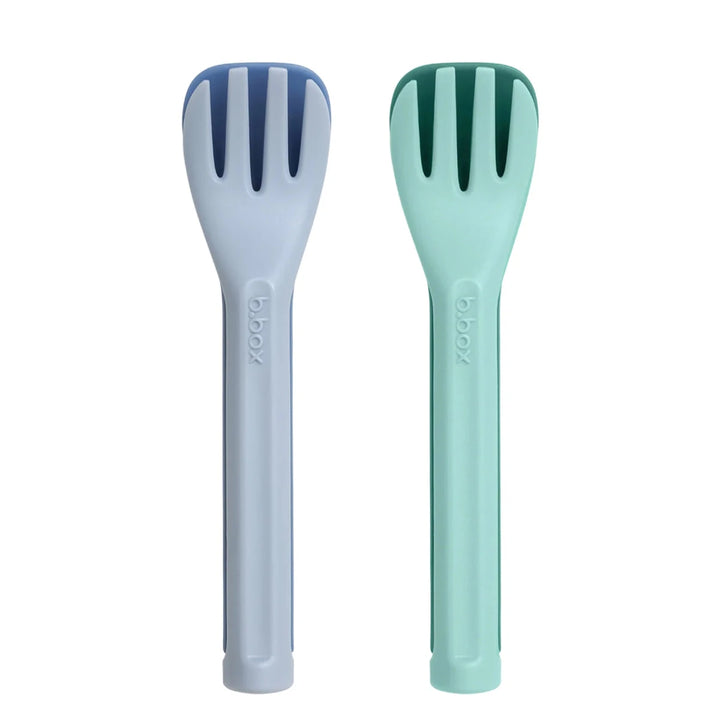 b.box Lunch Cutlery Fork + Spoon Duo 2-pack in Horizon color, showing both utensils with ergonomic toddler-friendly handles.