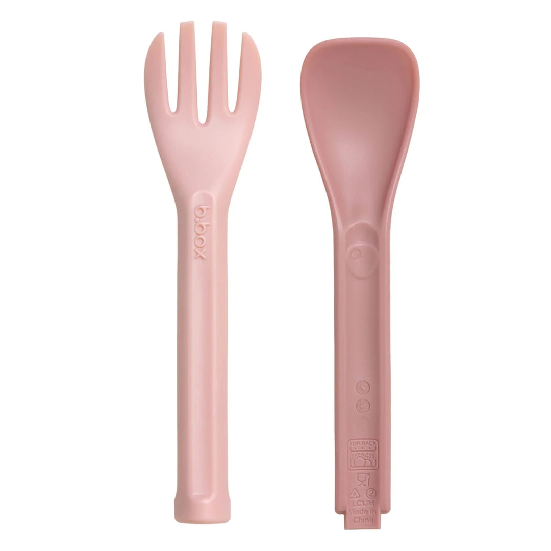 b.box Lunch Cutlery Fork + Spoon Duo 2-pack in Twilight color, featuring ergonomic toddler-friendly handles with textured grips.